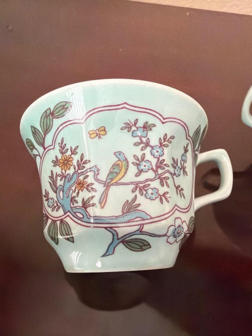Vintage Adams Calyx Ware Singapore Bird Ironstone Teacups Aqua England Set of 2 - Picture 12 of 12